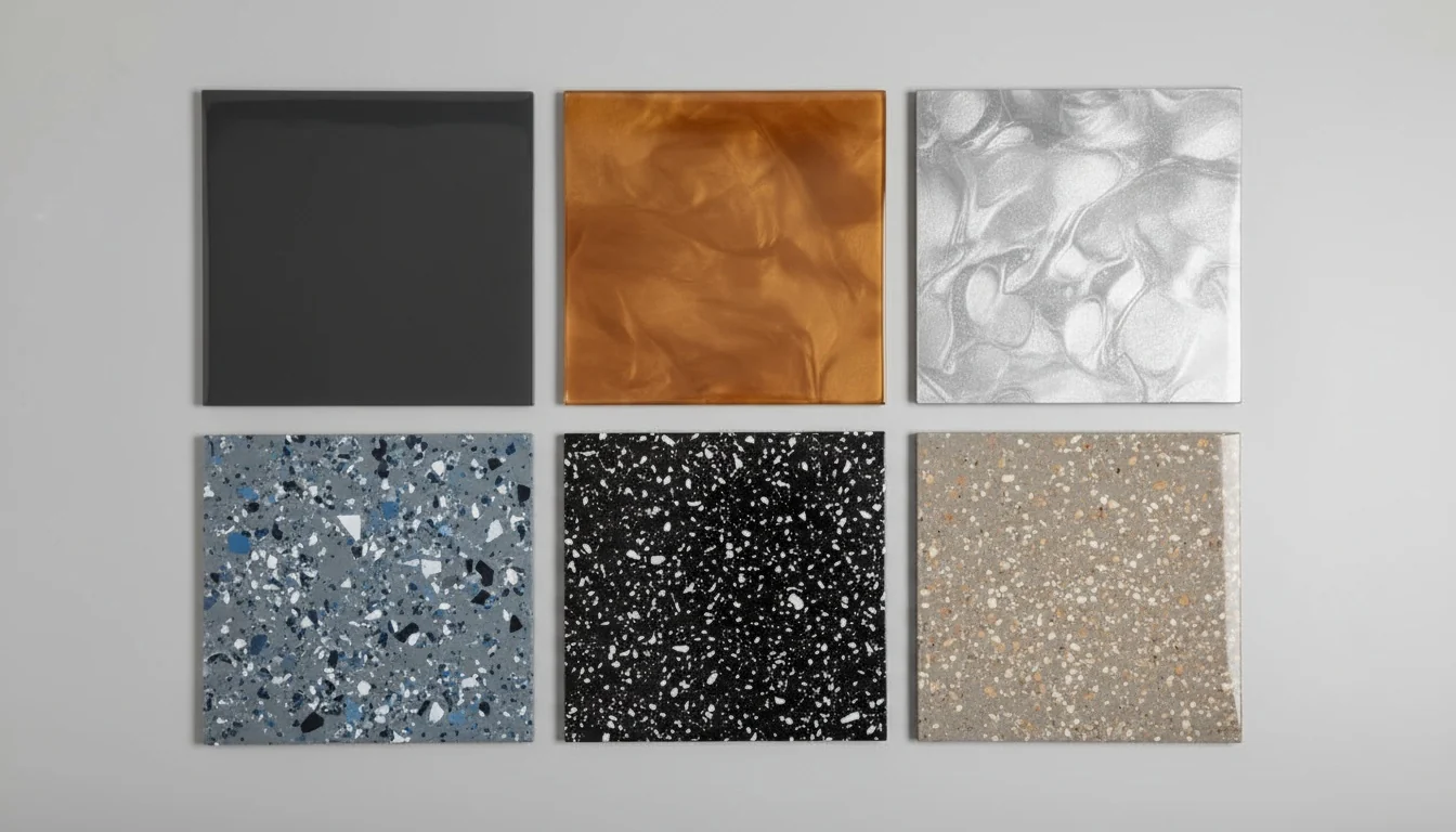 Six square epoxy finish sample tiles showing solid charcoal, copper-amber metallic, silver metallic, blue-grey flake, black-and-white flake and warm grey quartz