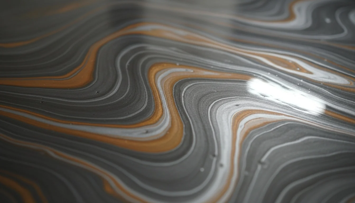 Overhead detail of a metallic epoxy floor with swirling charcoal, silver and amber pigment under a glossy clear coat