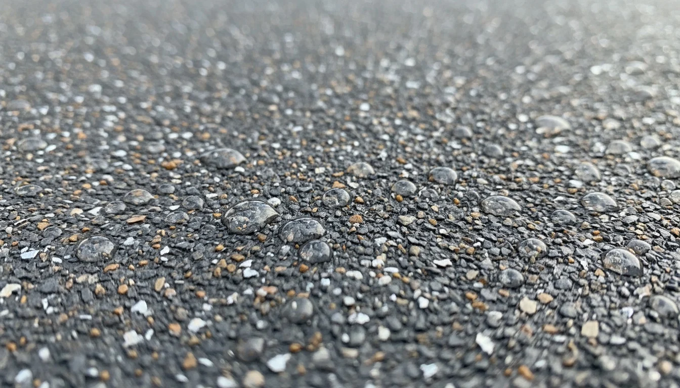 Macro detail of a textured anti-slip outdoor epoxy driveway surface with fine aggregate and rain droplets beading on it