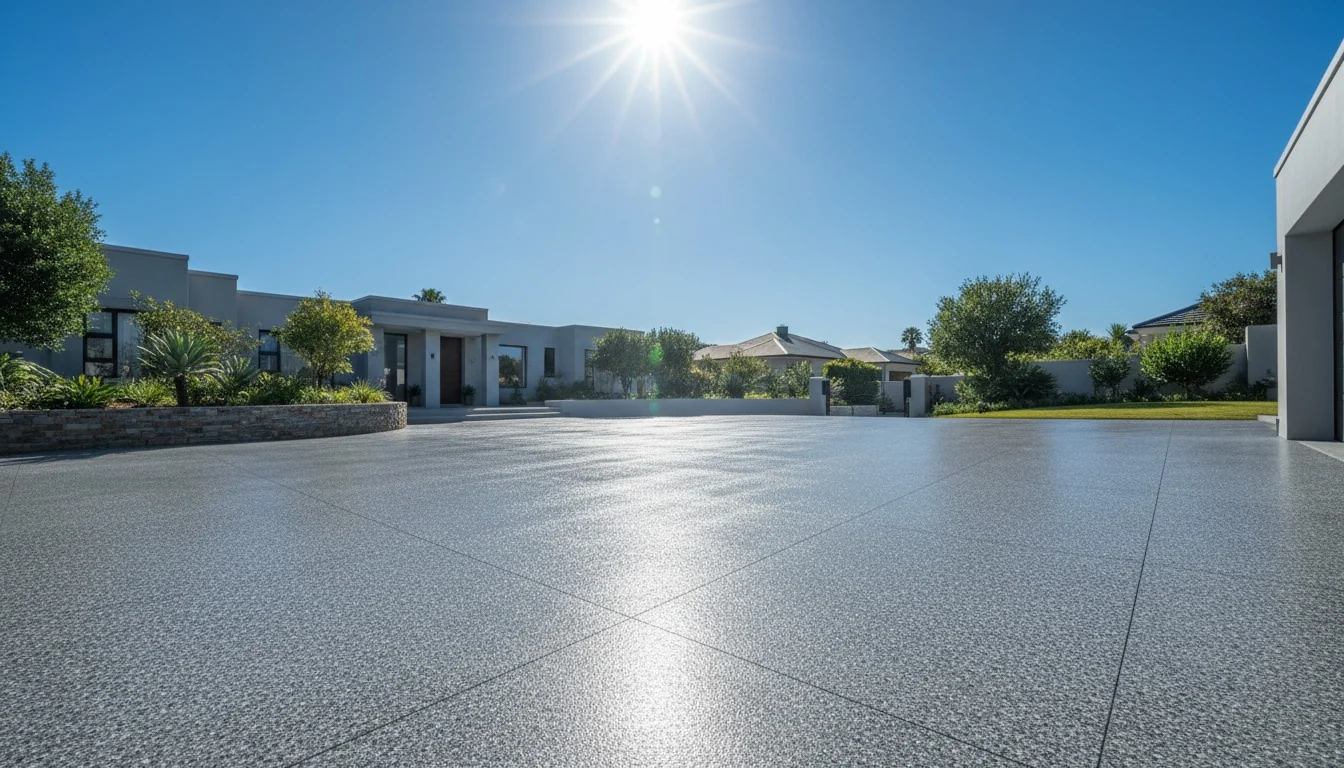 Residential driveway finished with a grey and charcoal flake epoxy coating under bright South African sunlight and a deep blue sky