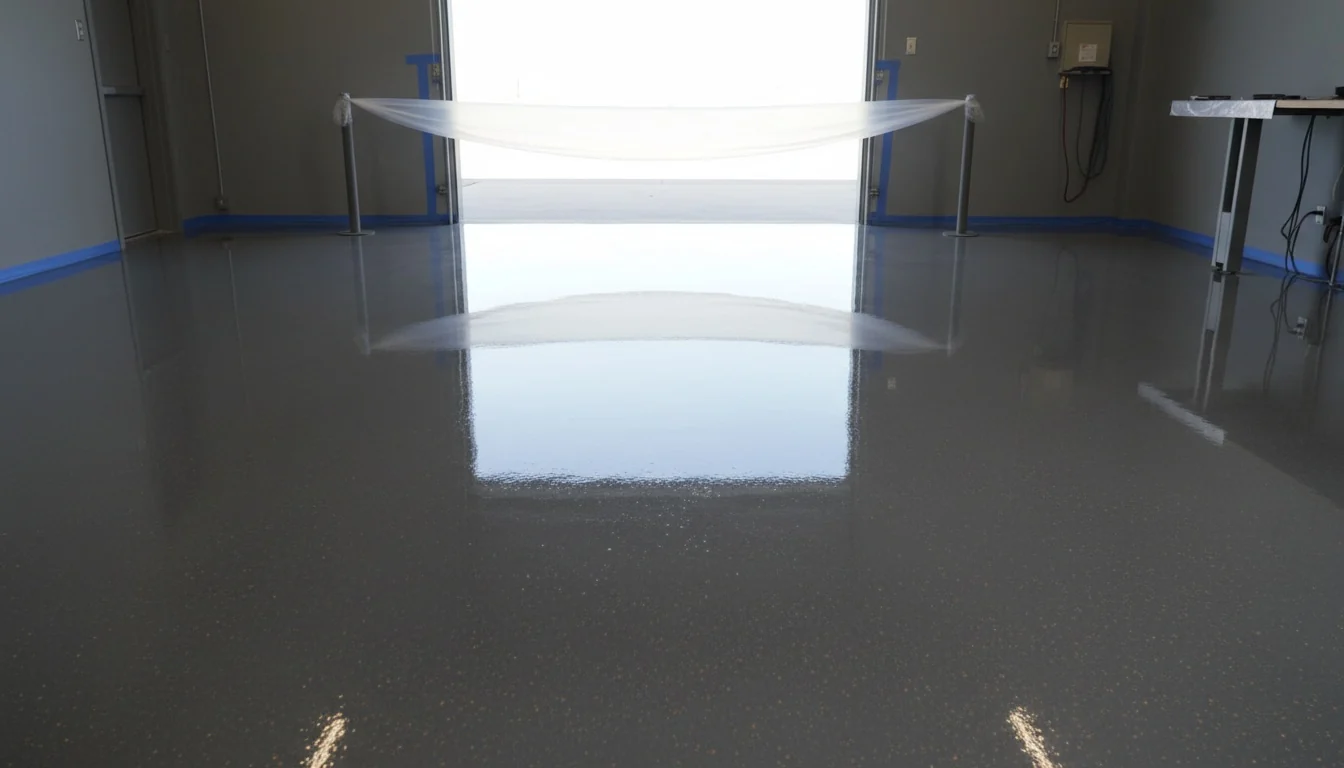 Freshly coated epoxy garage floor taped off while the coating cures