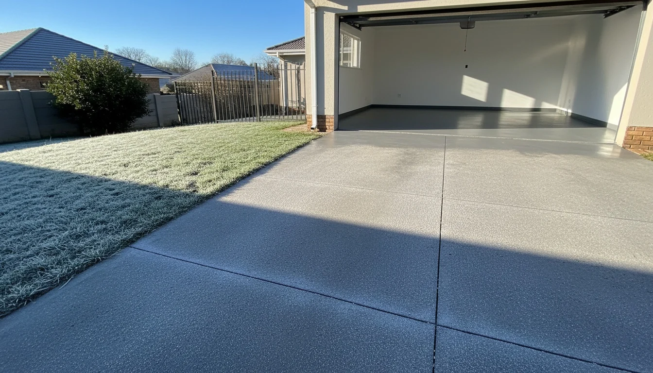 Frost on the lawn beside a coated driveway on a clear Johannesburg winter morning, with the garage standing open and its grey epoxy floor visible inside