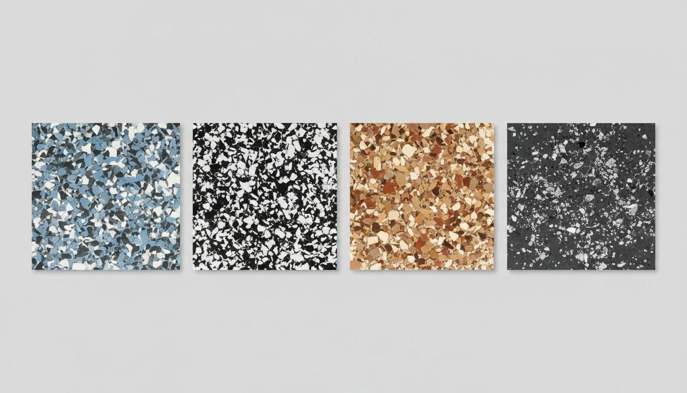 Four square flake epoxy sample tiles in a row showing blue-grey-white, black-and-white, warm earth tone and charcoal-silver blends