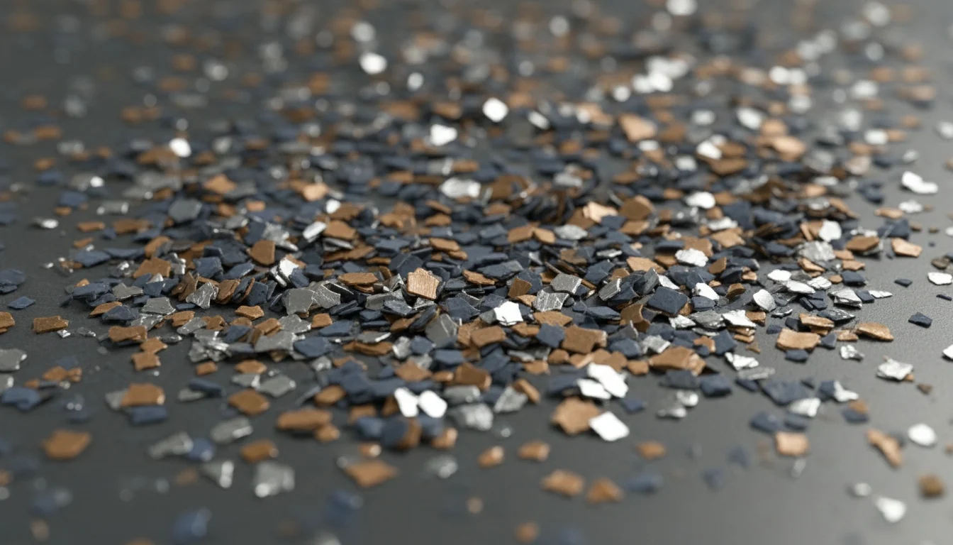 Decorative vinyl colour flakes scattered densely across a freshly coated charcoal epoxy floor before the clear sealer is applied