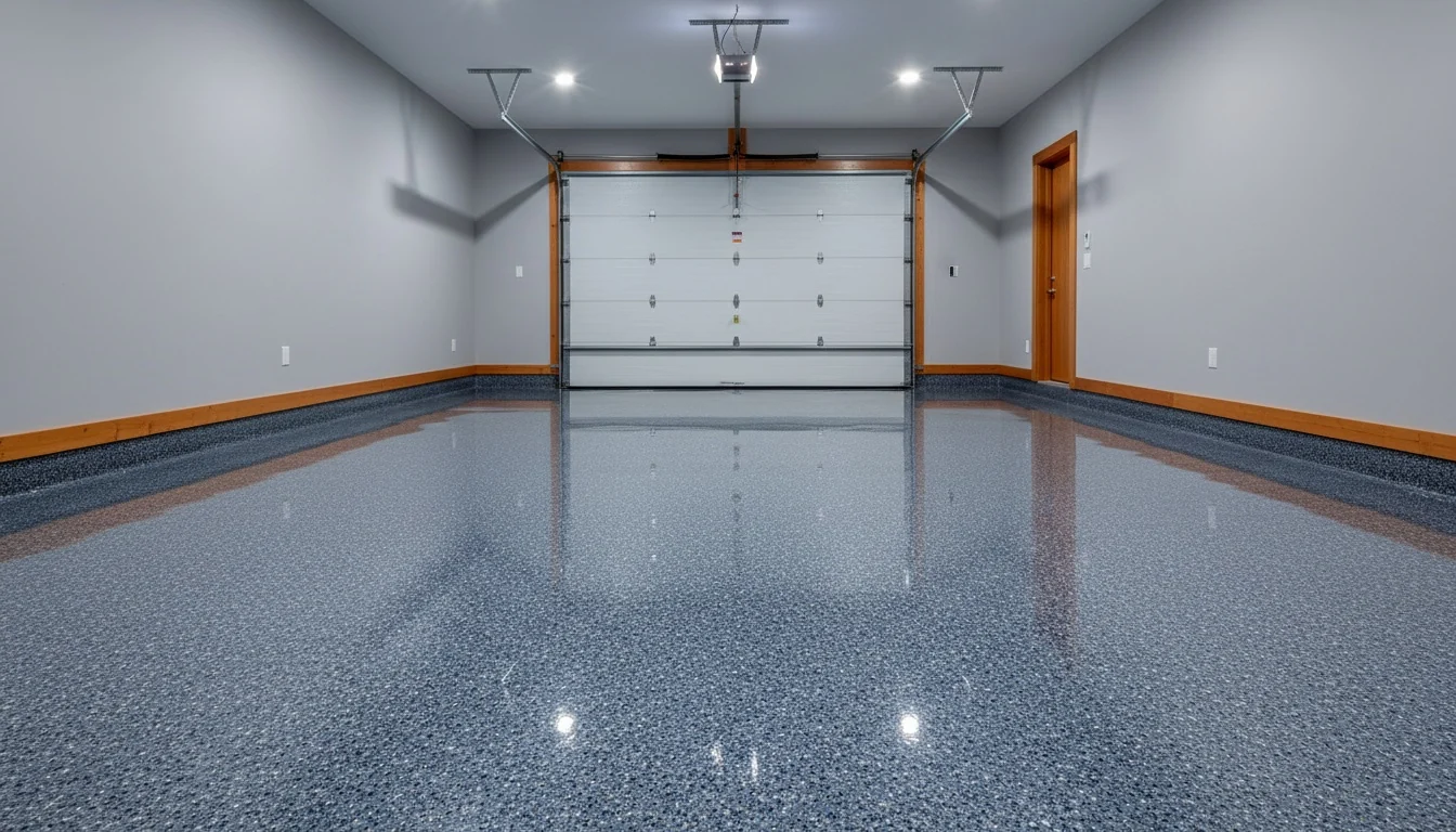 Residential double garage with a completed blue-grey flake-chip epoxy floor under a high-gloss clear coat