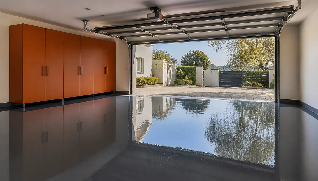 Empty double garage with a glossy charcoal epoxy floor reflecting daylight from the open door, and amber storage cabinets along one wall