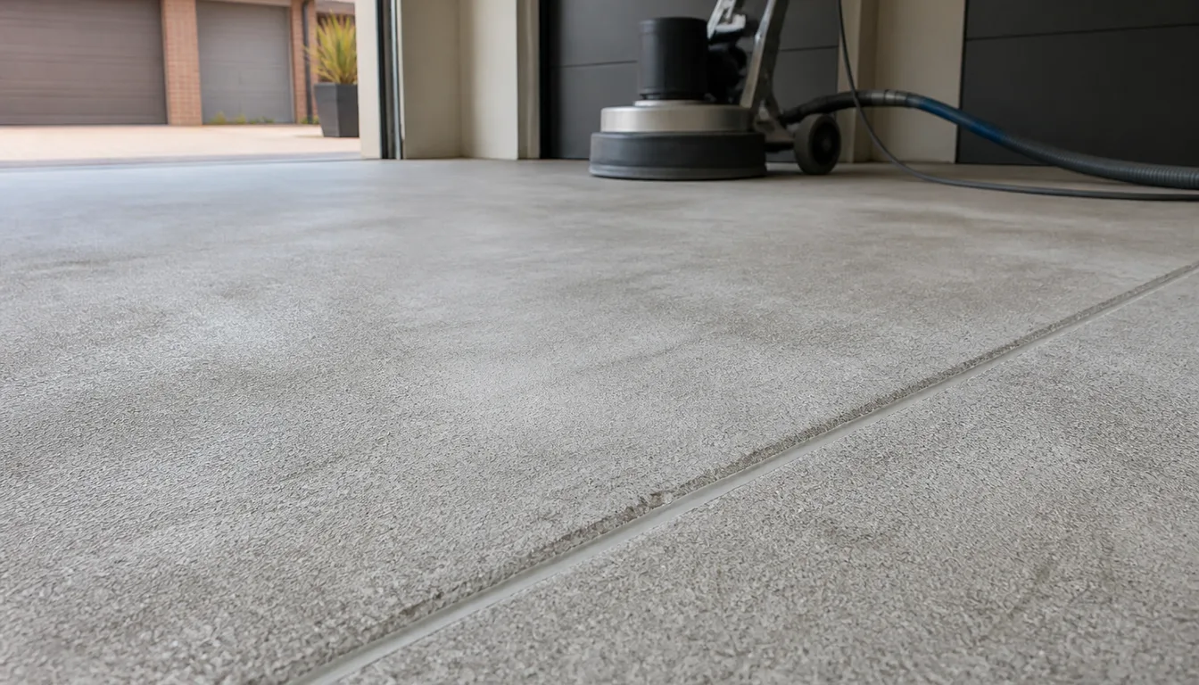 Low close-up of a concrete garage slab after diamond grinding, with an even, open, matte texture and the floor grinder in the background