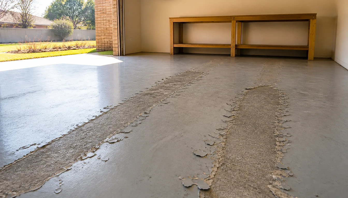 Grey painted garage floor with the paint flaked away in two tyre-width strips, exposing bare concrete underneath
