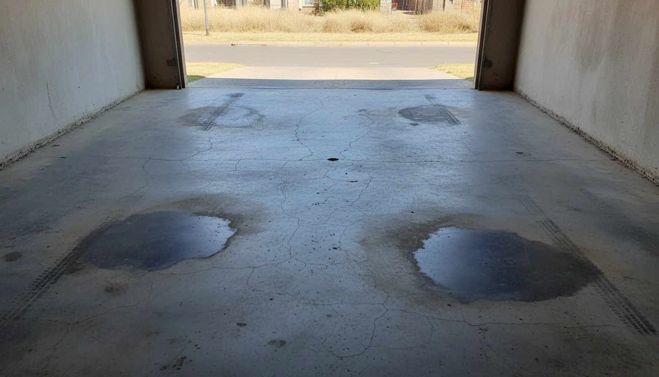 Bare grey concrete double garage slab before coating, showing oil staining, tyre marks, dust and fine surface cracks