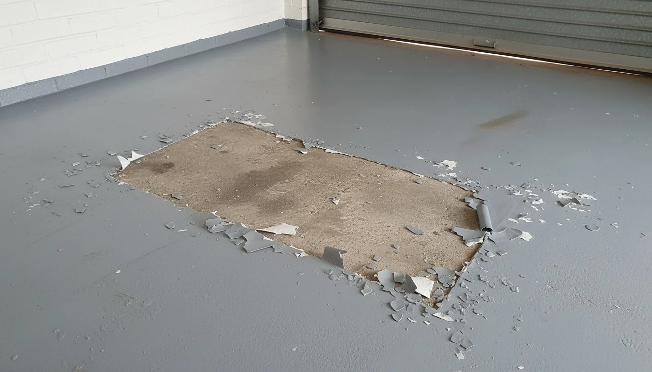 Failed thin garage floor coating peeling and flaking away in a tyre-shaped patch, exposing bare concrete underneath