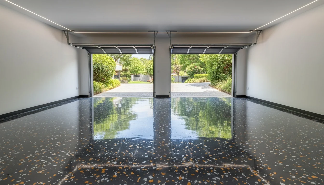 Immaculate Johannesburg double garage with a high-gloss charcoal flake epoxy floor and both doors open to daylight