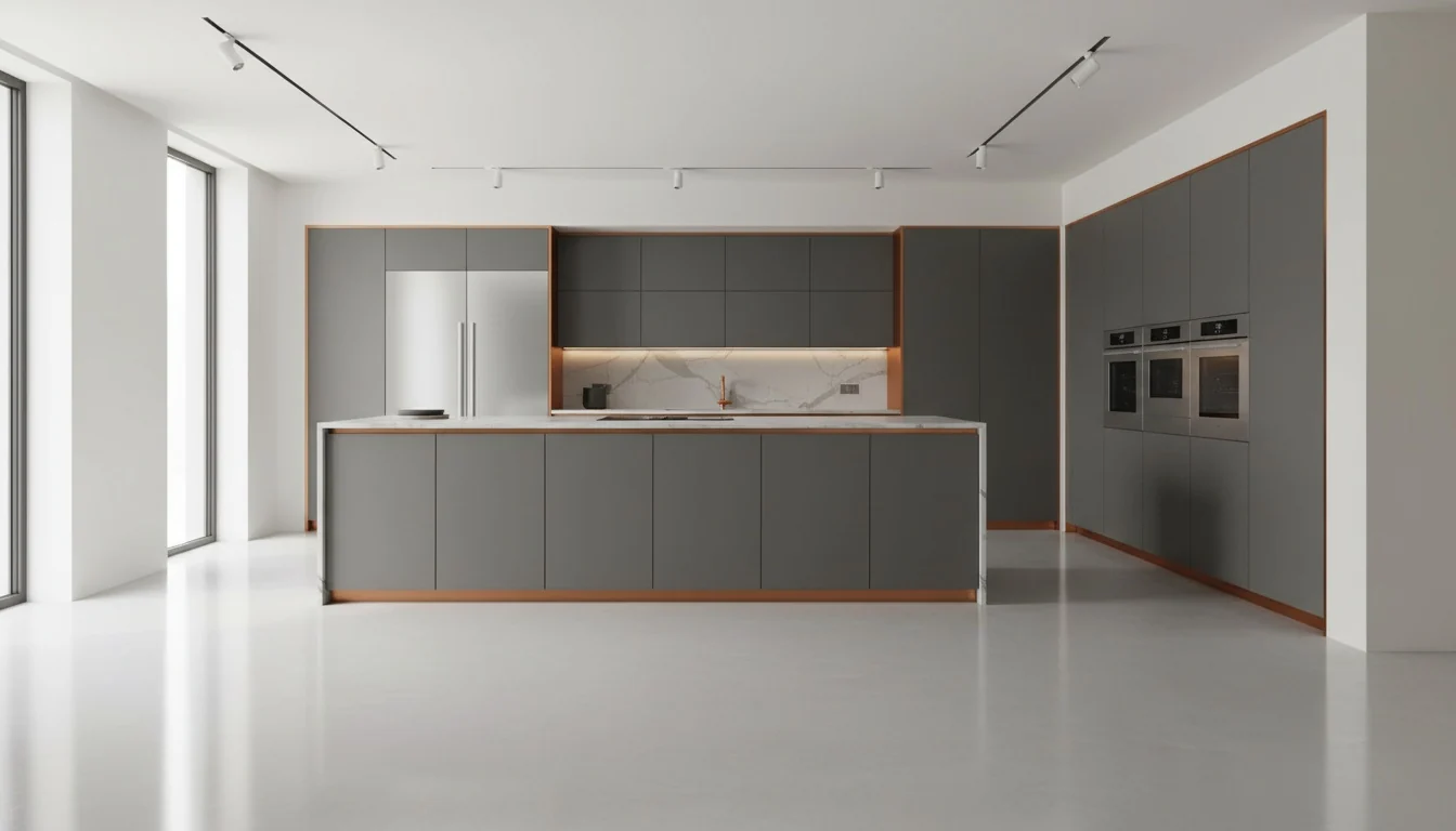 Modern kitchen with a seamless glossy light-grey epoxy floor running unbroken under the cabinetry and island, with no grout lines