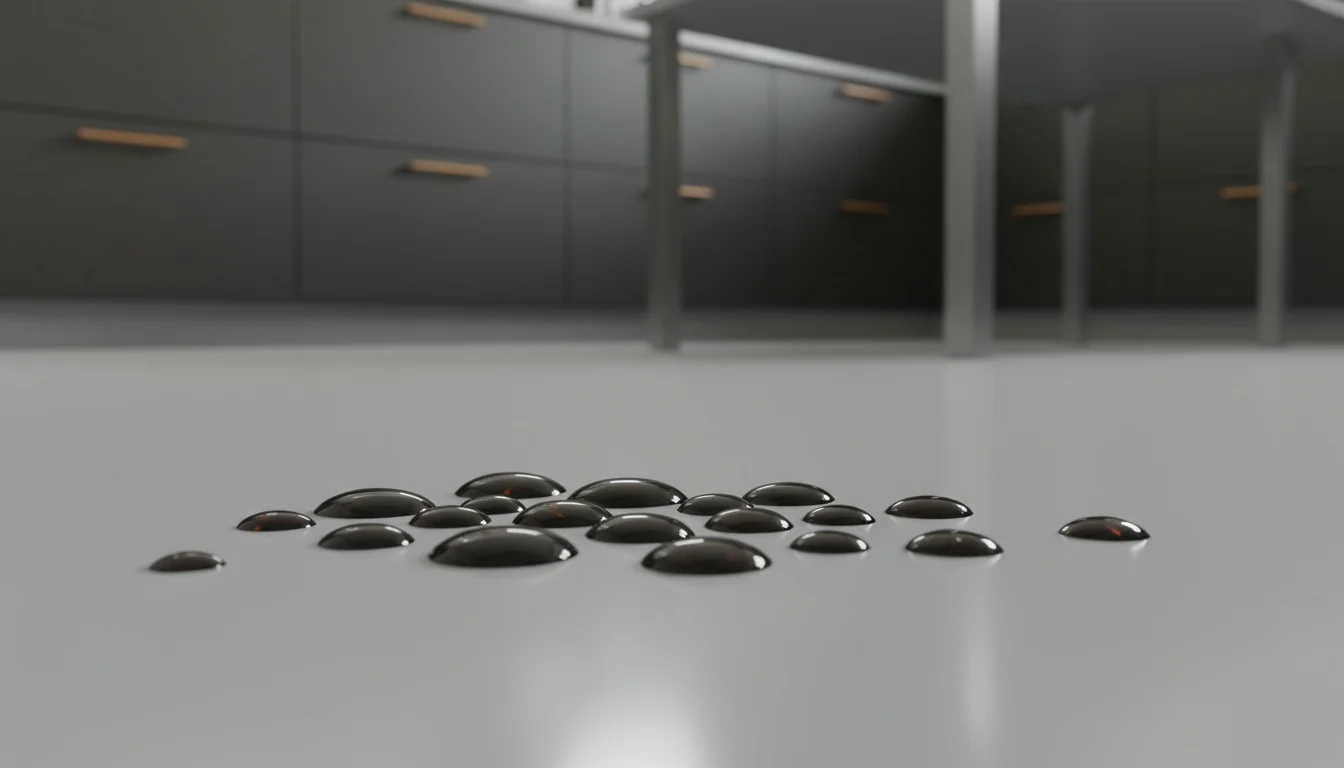 Liquid spill beading on the surface of a seamless glossy light-grey epoxy kitchen floor with no seams for it to seep into
