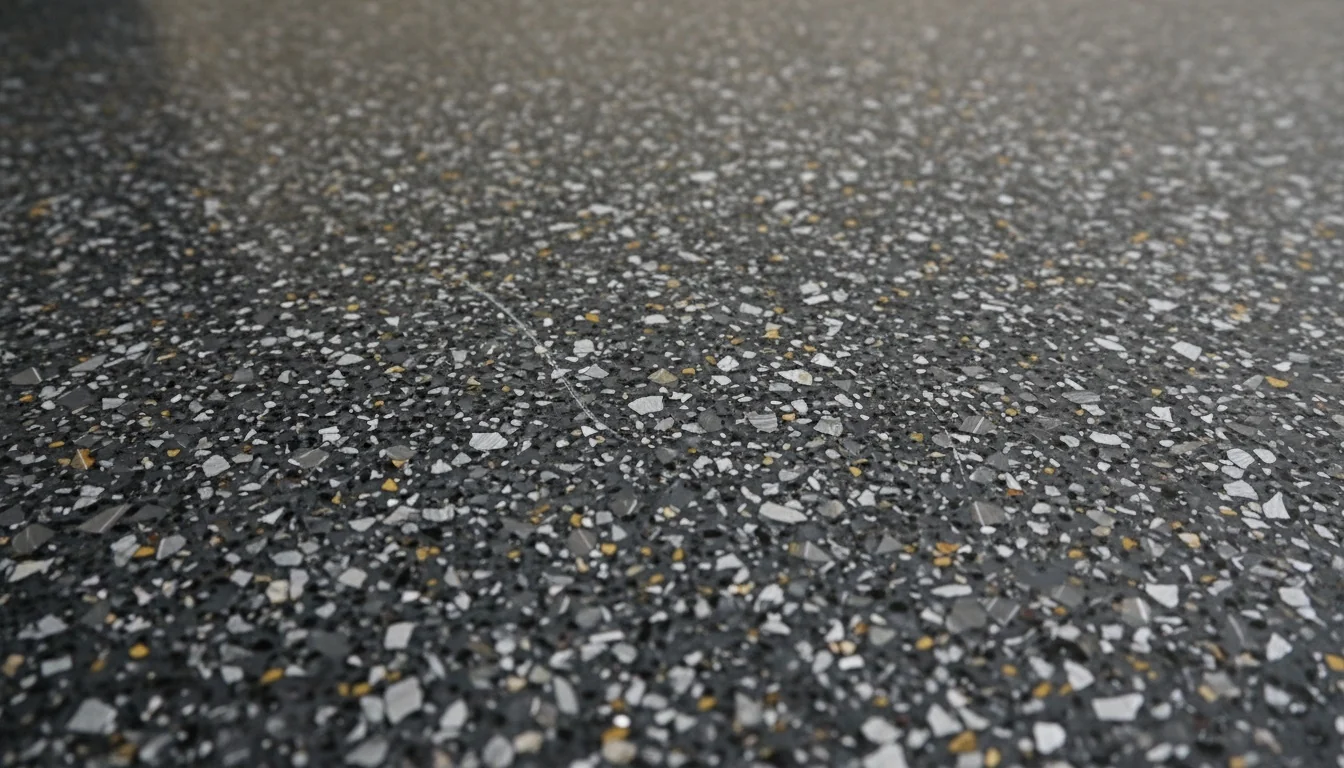 Close-up of a mature charcoal and silver flake-chip epoxy floor still glossy after years of service, the speckled pattern disguising light traffic marks