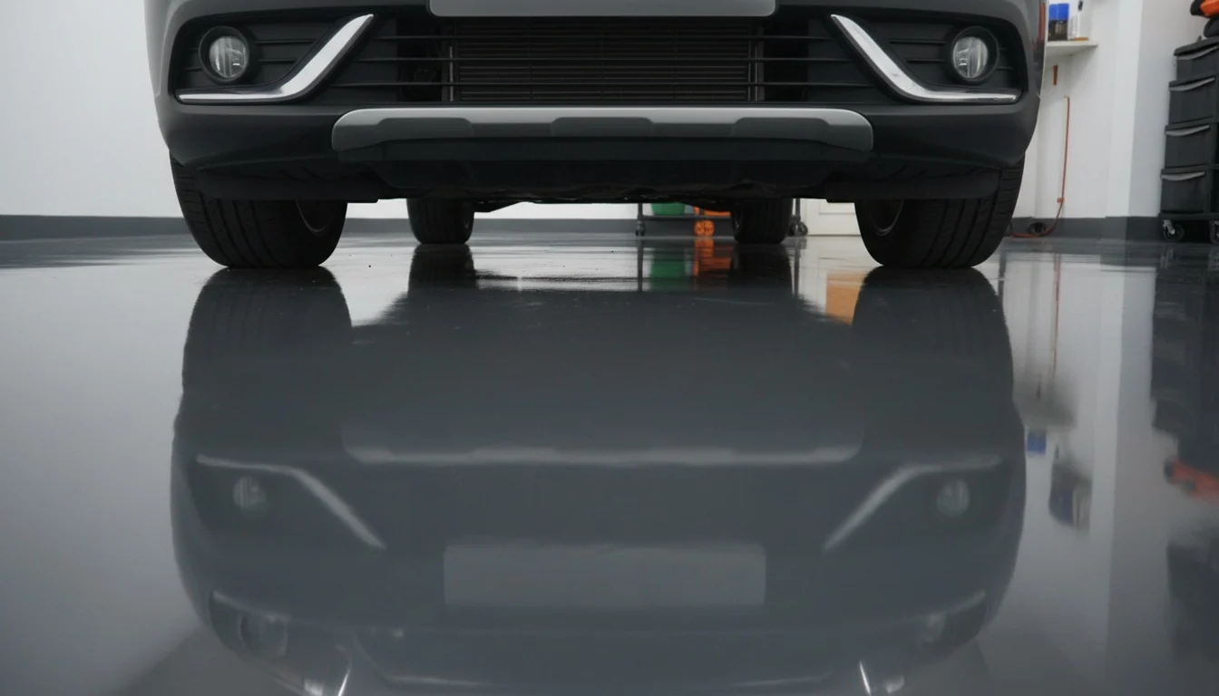 Low-angle view of a car's front wheels parked on a glossy charcoal epoxy garage floor, the coating intact around the tyre contact area