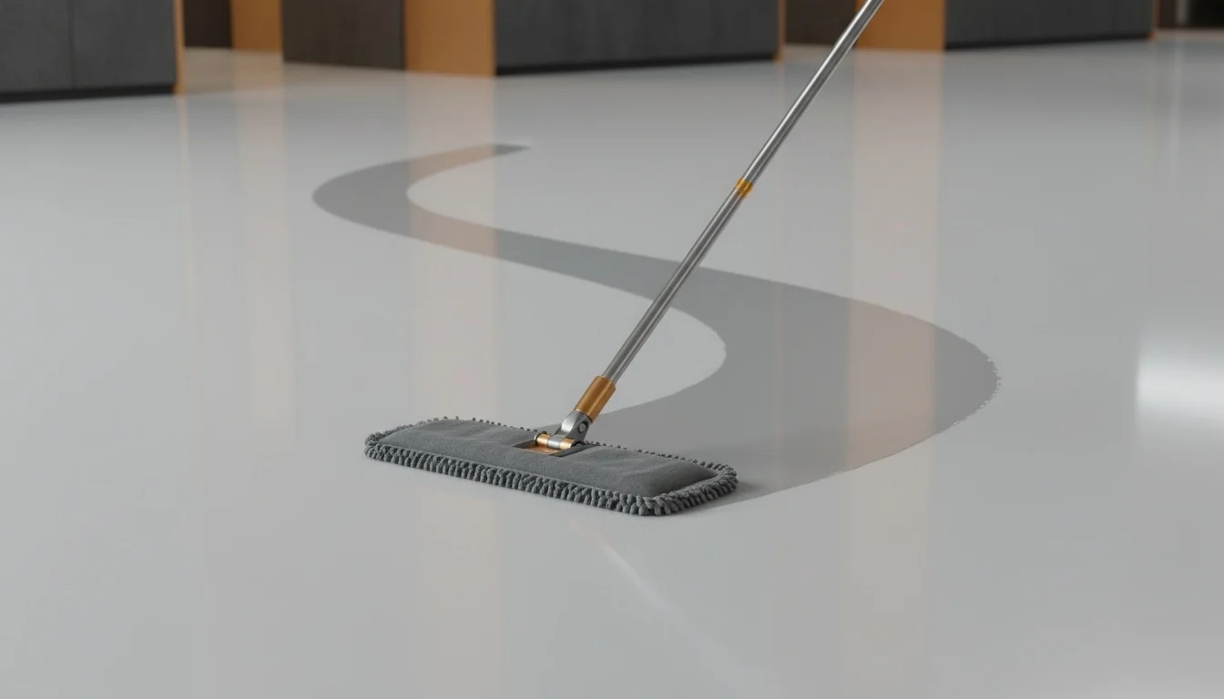 Microfibre flat mop cleaning a seamless high-gloss light-grey epoxy floor, leaving a clean damp sheen