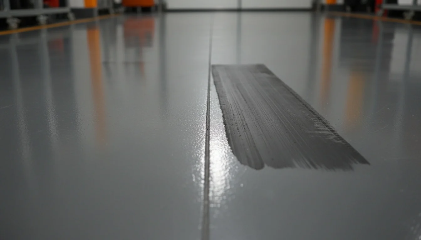 Dark-grey tyre scuff streaked across a glossy light-grey epoxy floor in a workshop