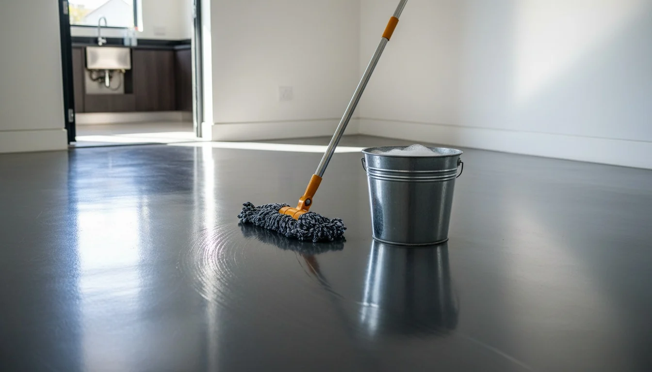 Clean, glossy epoxy floor being maintained