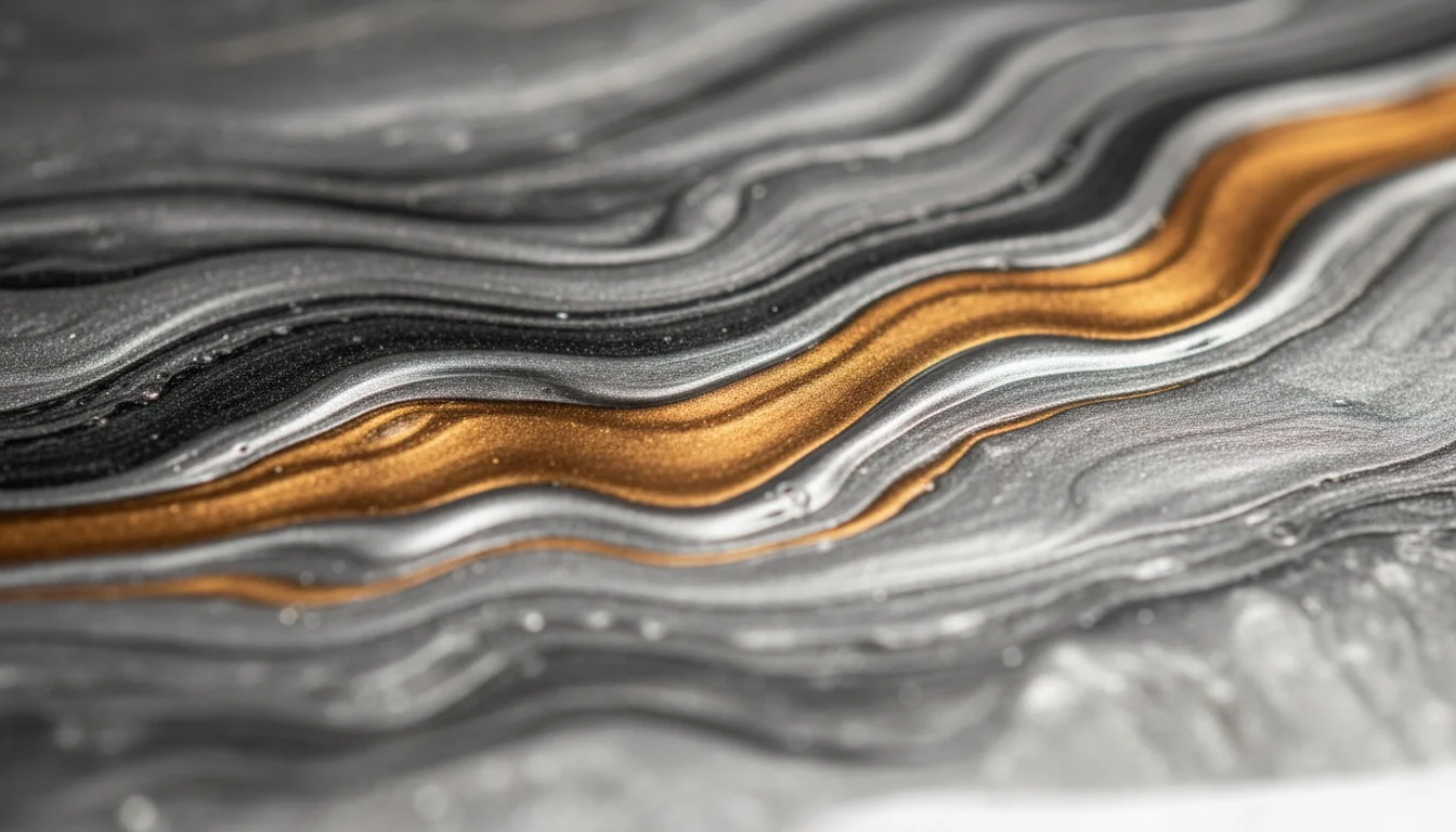 Extreme close-up of a metallic epoxy surface showing ribbons of silver, charcoal and copper-amber pigment suspended under a thick glass-like clear coat