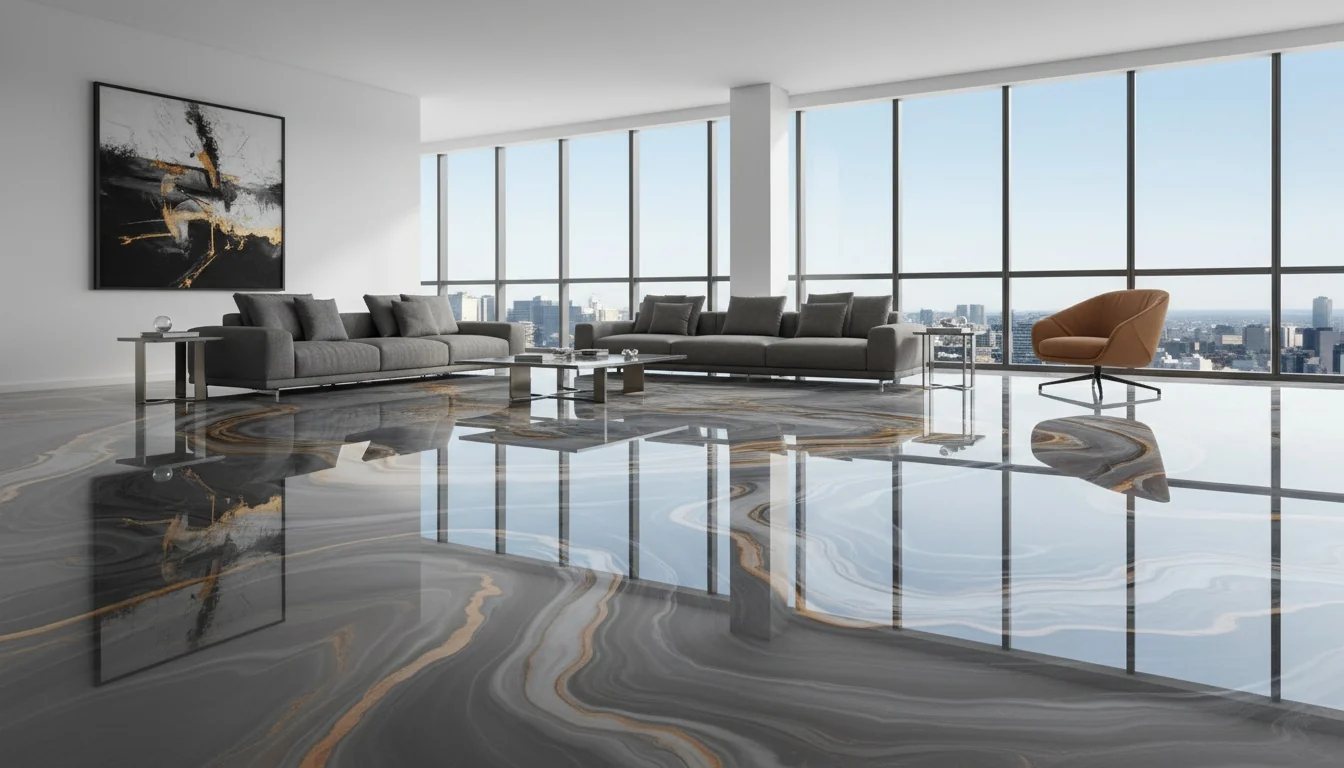 Modern open-plan living space with a charcoal and silver metallic epoxy feature floor reflecting floor-to-ceiling windows