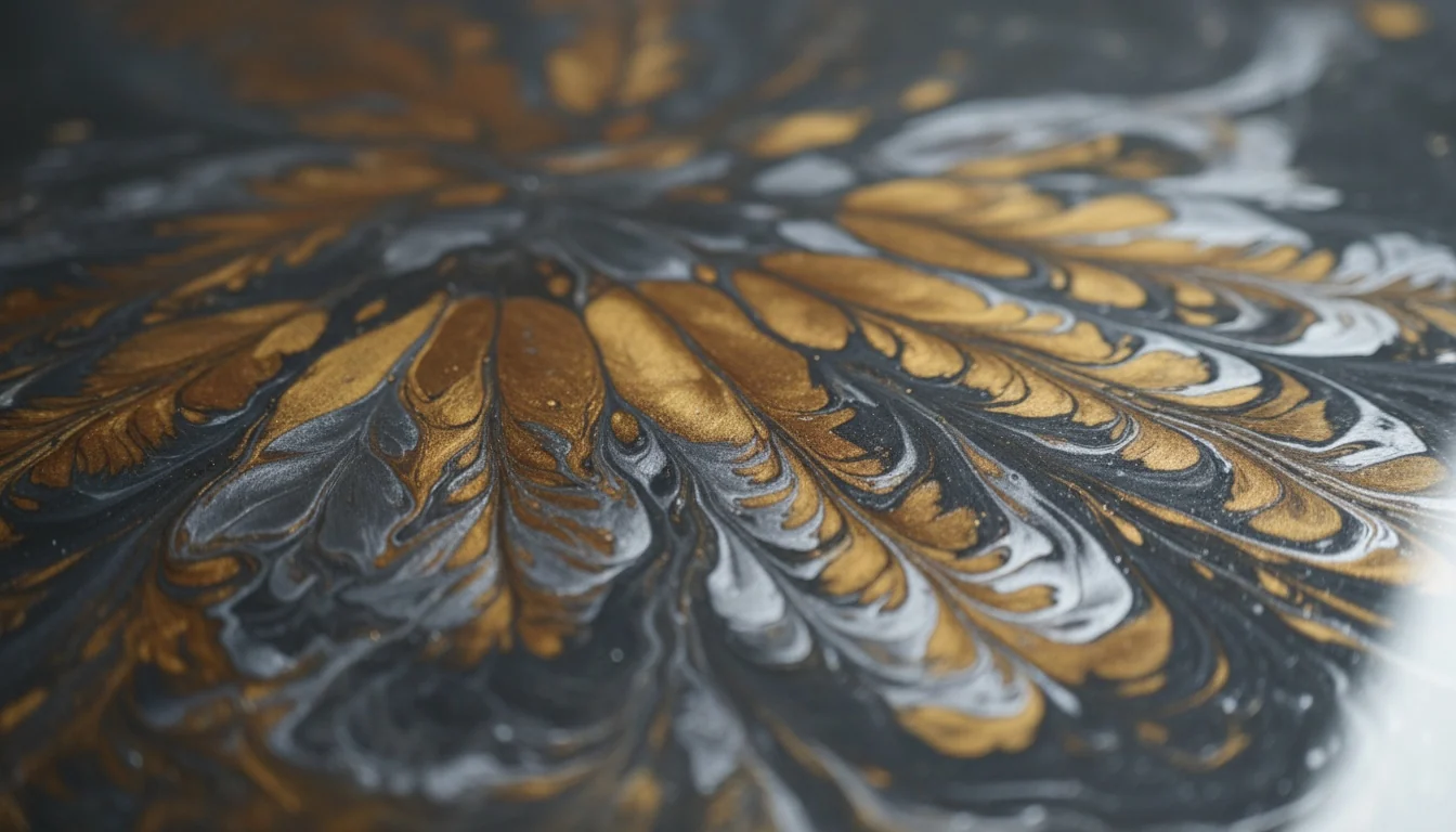 Charcoal, amber and silver metallic pigment feathering and marbling across a freshly poured epoxy resin floor
