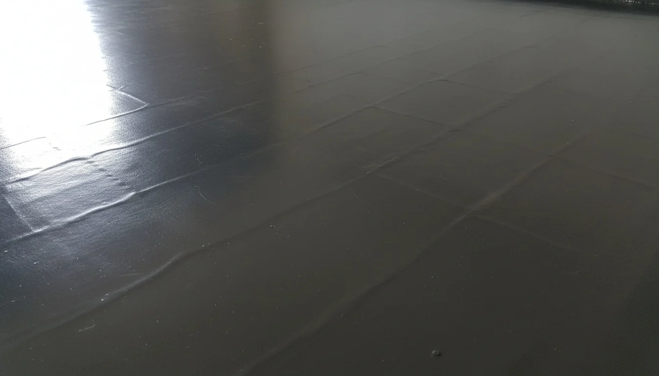 A glossy dark epoxy floor surface with a faint regular grid of grout lines showing through the coating from the tiles underneath, caught in raking light