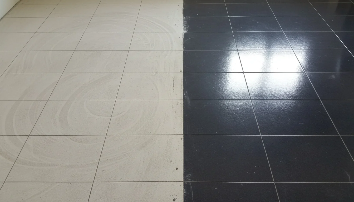 A tiled floor mid-preparation with half the surface diamond ground to a dull, de-glazed matte profile and half still glossy and untouched, showing the contrast in surface texture