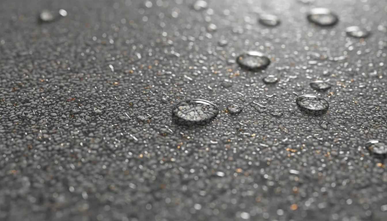 Close-up of a textured anti-slip epoxy floor surface with fine quartz aggregate in the top coat and water droplets beading on it