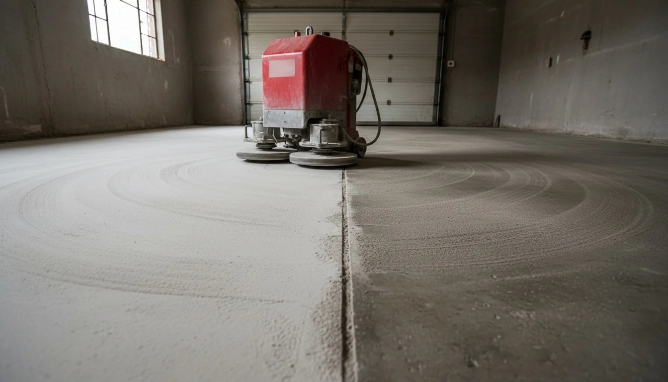 Planetary diamond grinder on a concrete garage slab, half the floor ground to an open profile ready for epoxy and half still untreated