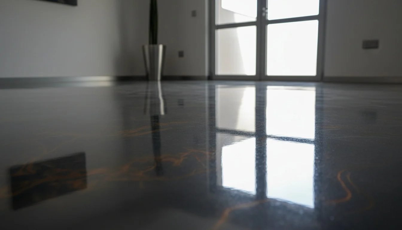 Close-up of a glossy epoxy floor finish in a Johannesburg property