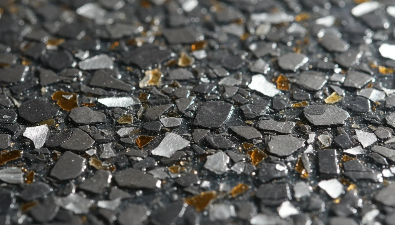 Extreme close-up of a charcoal and silver flake epoxy floor surface showing the raised chip texture and fine aggregate that provides grip underfoot