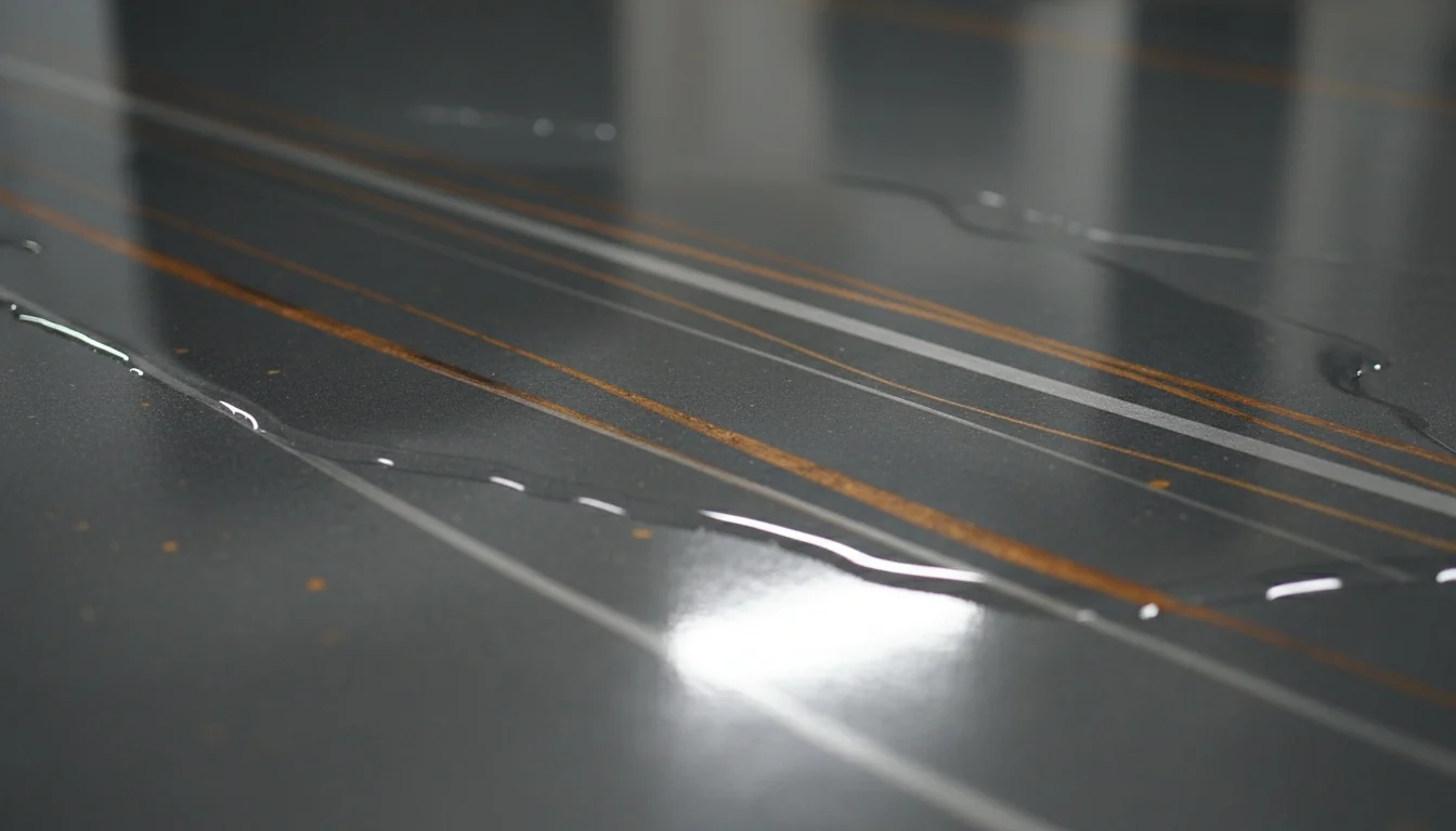 Water pooling in a thin film across a high-gloss charcoal epoxy floor, the reflective surface showing how liquid sits on top of the non-porous coating