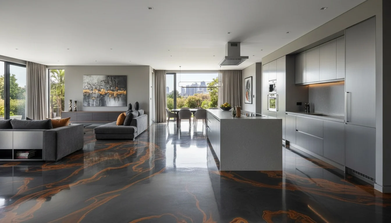 Seamless high-gloss metallic epoxy floor flowing through an open-plan Johannesburg living and kitchen area