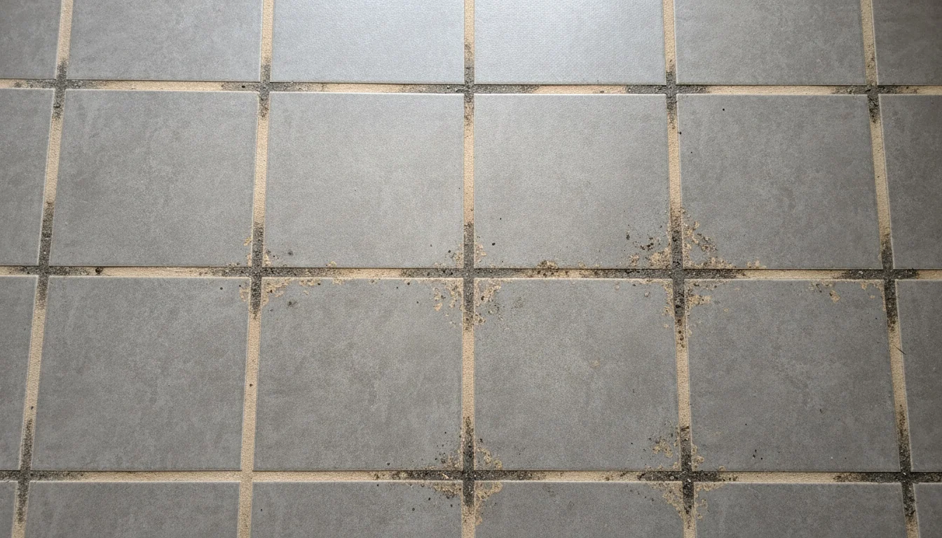 Close-up of a grey tiled floor showing the grid of grout lines that trap dirt and need re-sealing