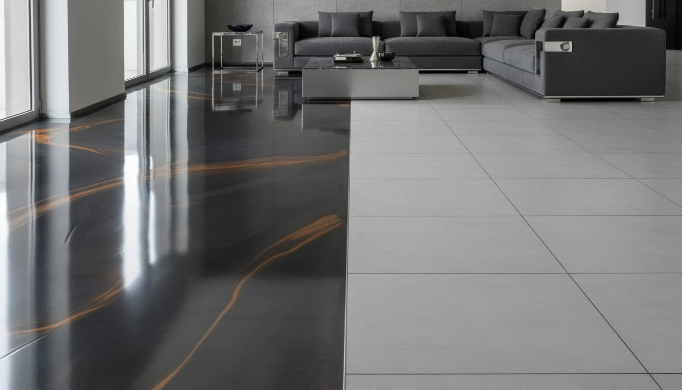 Seamless high-gloss epoxy floor compared with a tiled floor in a Johannesburg home