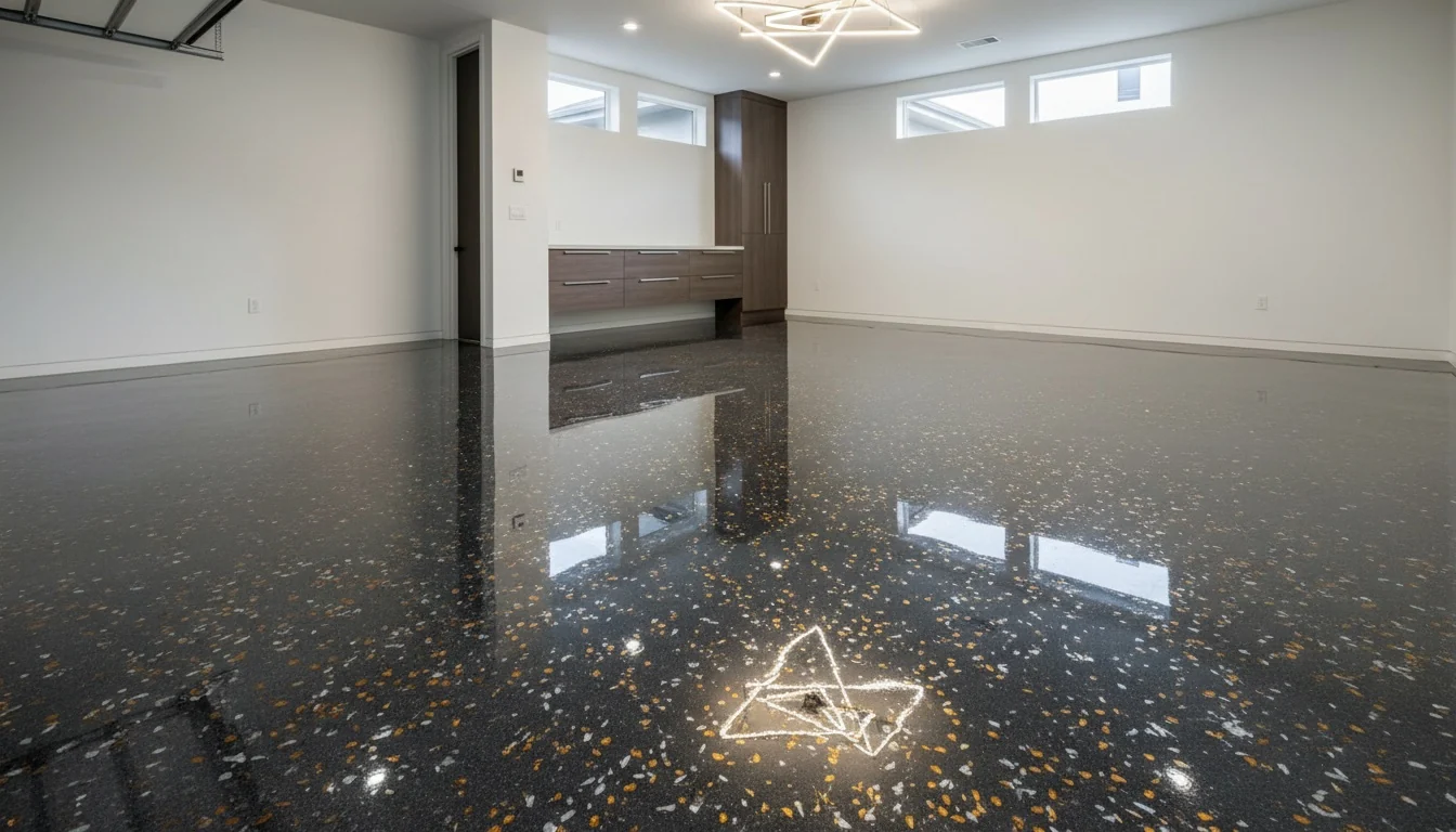 Black flake-chip epoxy garage floor with amber, white and grey chips