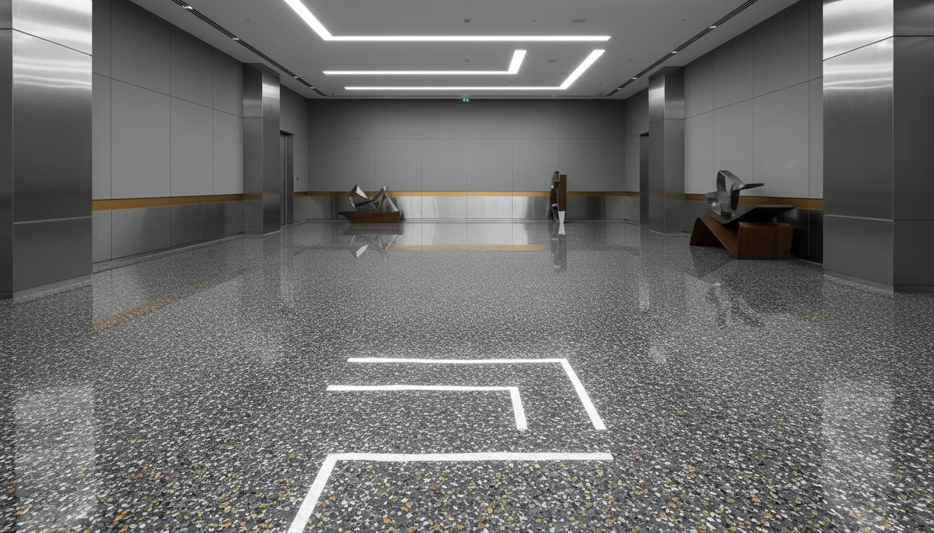 Dense grey, white and amber flake-chip epoxy floor in a lift lobby
