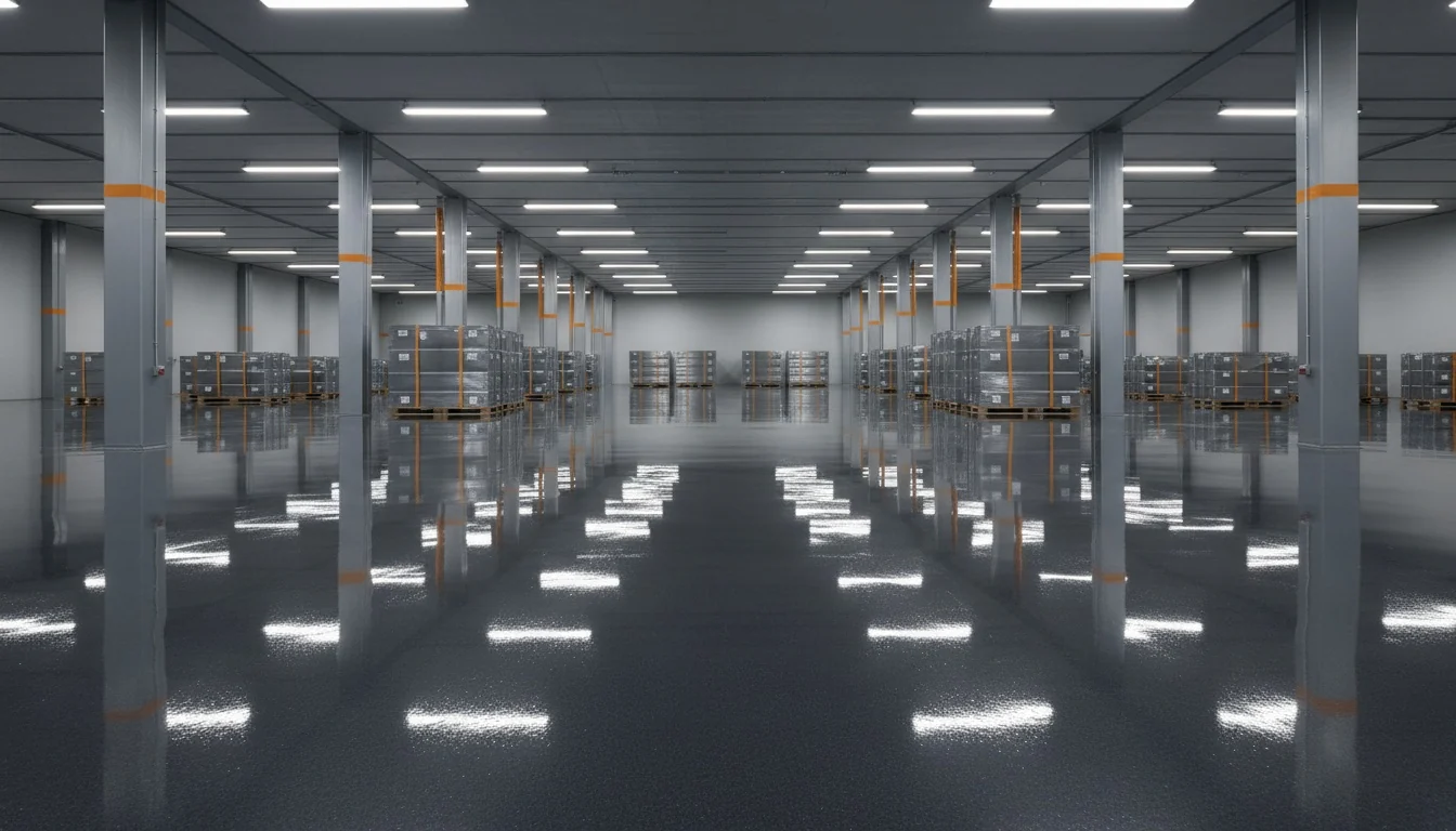 Charcoal-grey epoxy floor across a warehouse with pallet racking