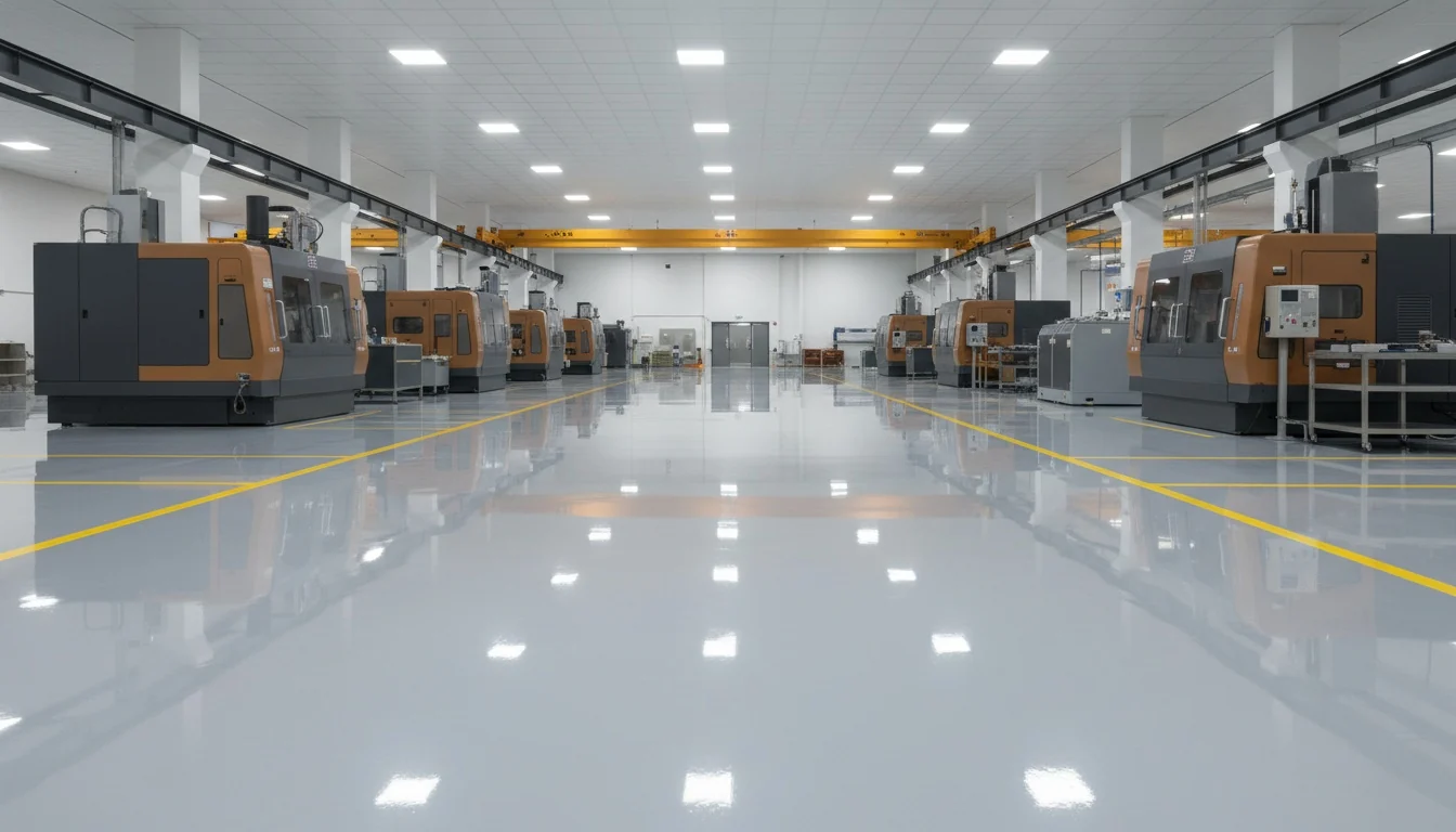 Light-grey industrial epoxy factory floor with yellow walkway lines