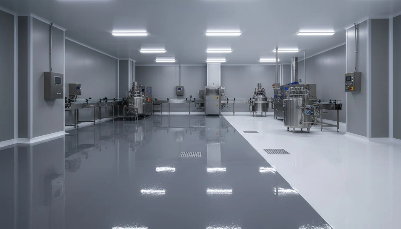 Grey hygienic epoxy floor with a white walkway strip in a food production room