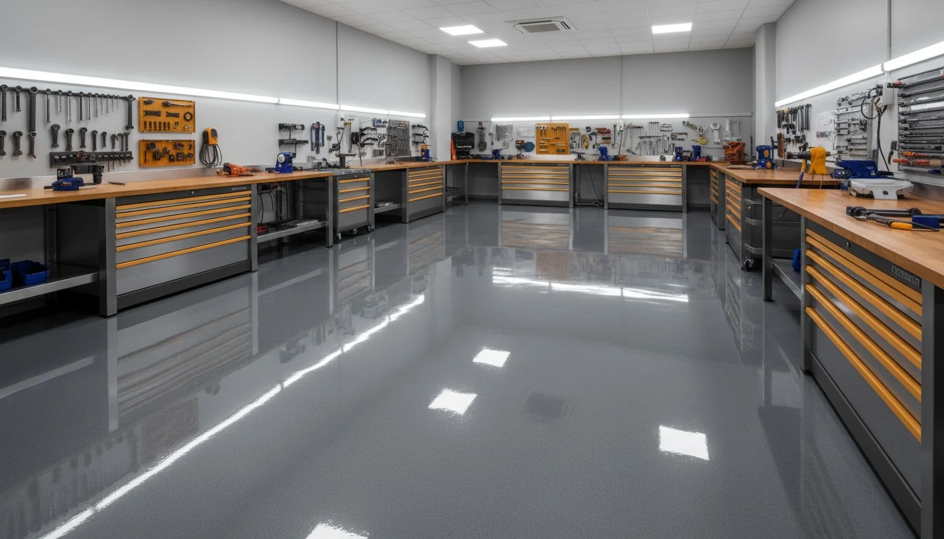 Graphite-grey gloss epoxy workshop floor with workbenches