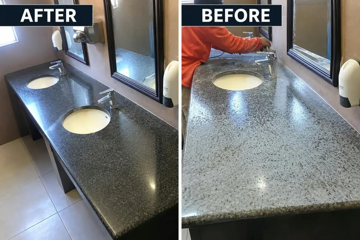 Granite double vanity top shown before and after polishing