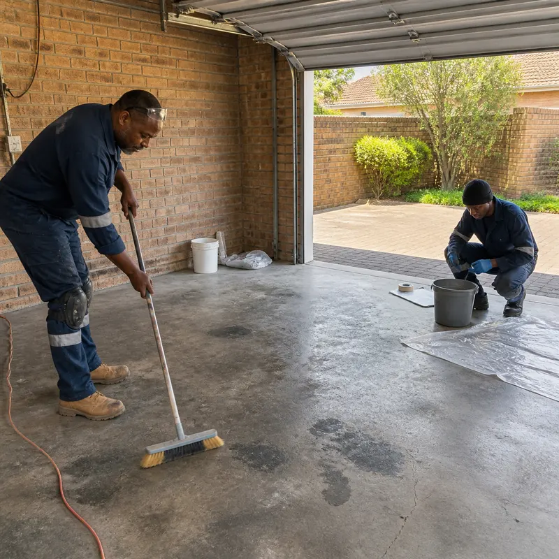 Two installers sweeping out a double garage with a stained, cracked bare concrete floor before coating