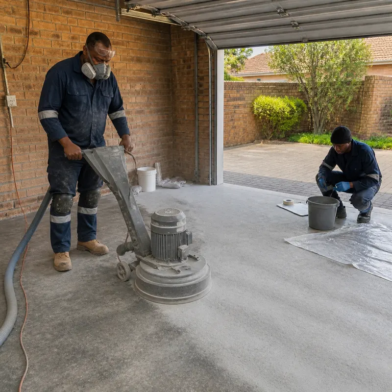 Floor installer grinding a garage concrete slab with a diamond grinder and dust extractor