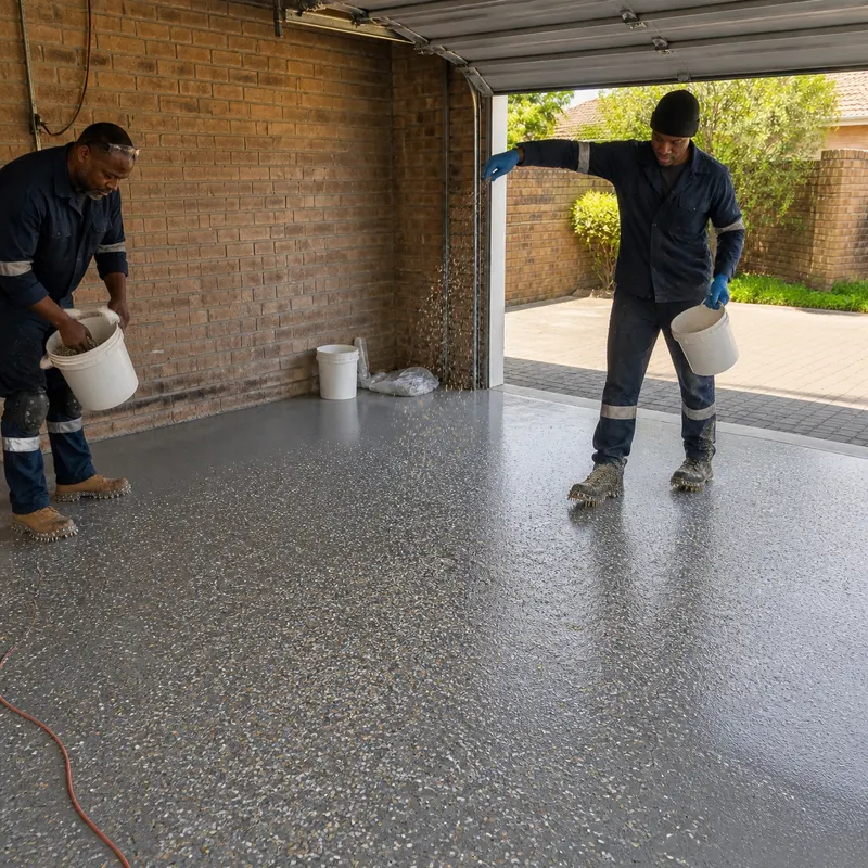 Installer in spiked shoes broadcasting grey, white and amber flakes onto a wet epoxy garage floor