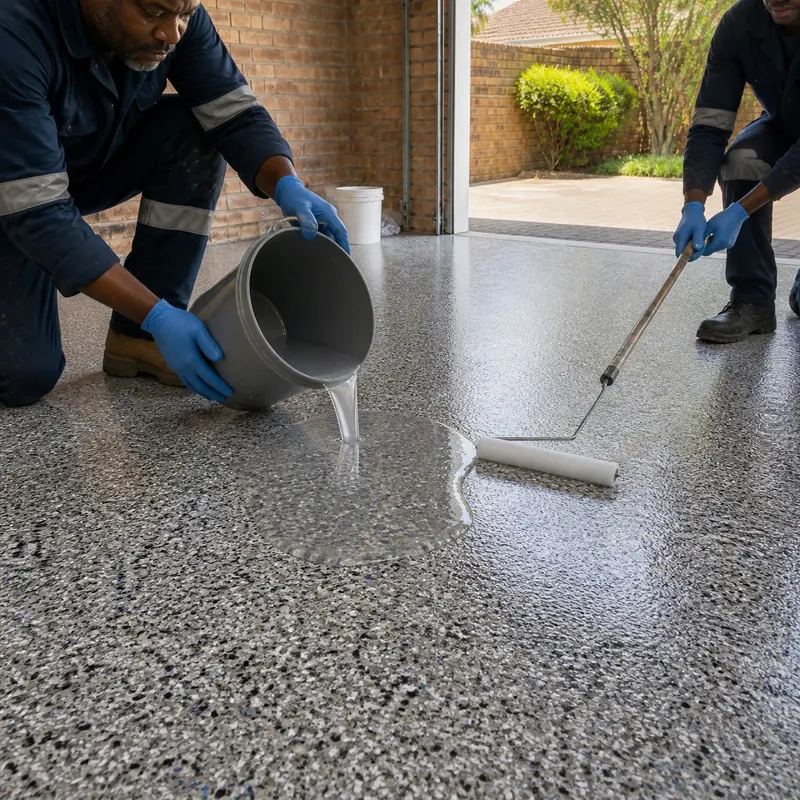 Close-up of clear epoxy topcoat being poured onto a flake-chip garage floor