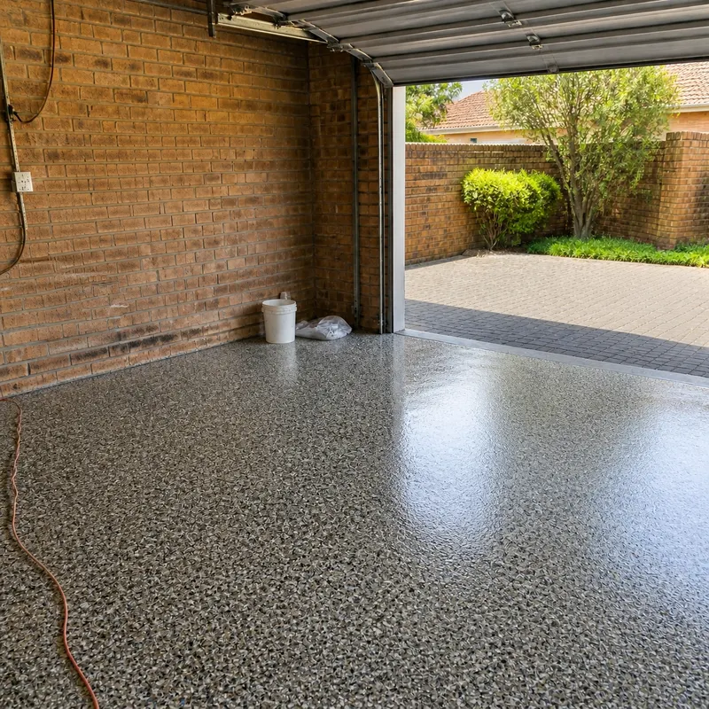 Finished glossy flake-chip epoxy floor in a double garage with the door open