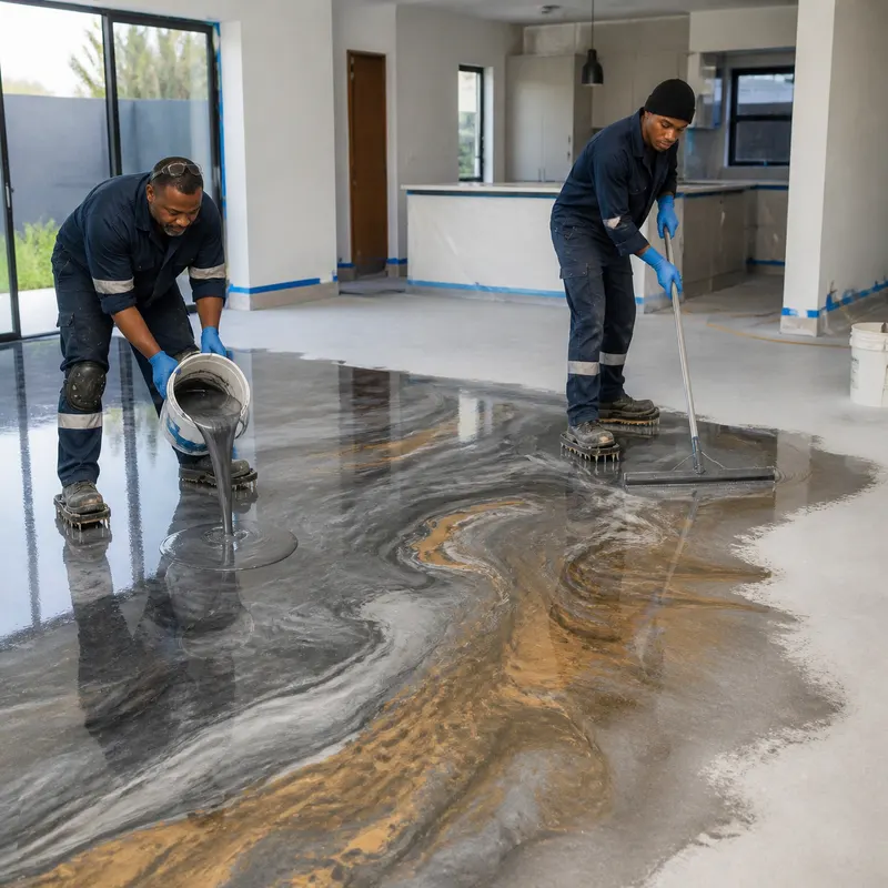 Installer pouring charcoal and silver metallic epoxy onto a living room floor