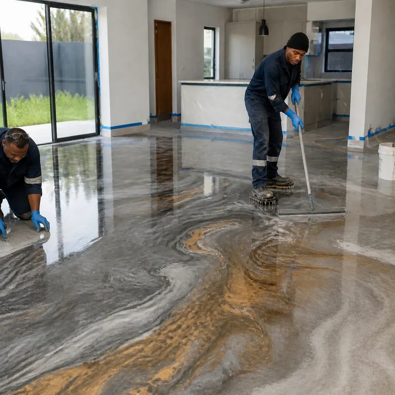 Installer spreading wet metallic epoxy with a squeegee to form marbled veining