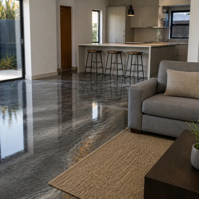 Finished charcoal and silver metallic epoxy floor in an open-plan living room with a sofa and kitchen island